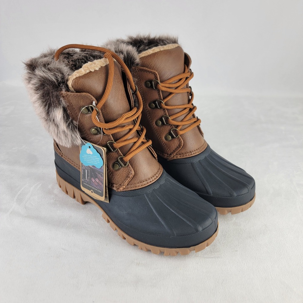 Lamo Womens Winter Duck Boots Faux Fur Trim Waterproof Chestnut Black NEW